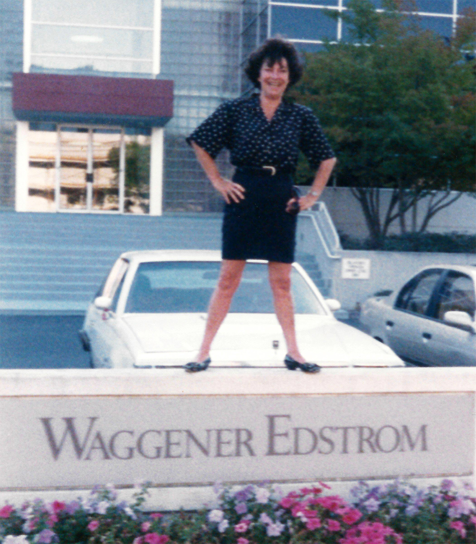 Pam Edstrom hero pose on Waggener Edstrom sign