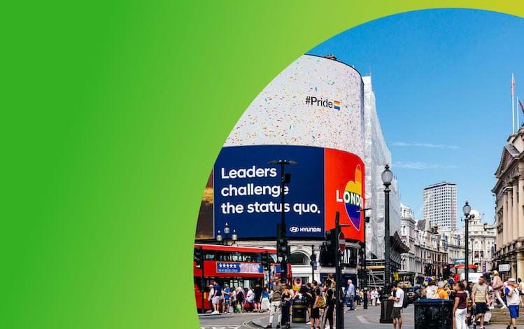 Billboards showing purpose messaging at Piccadilly Square in London, England
