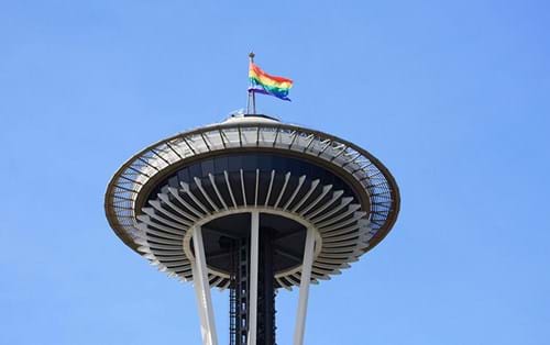 Pride flag at the top of Seattle's Space Needle